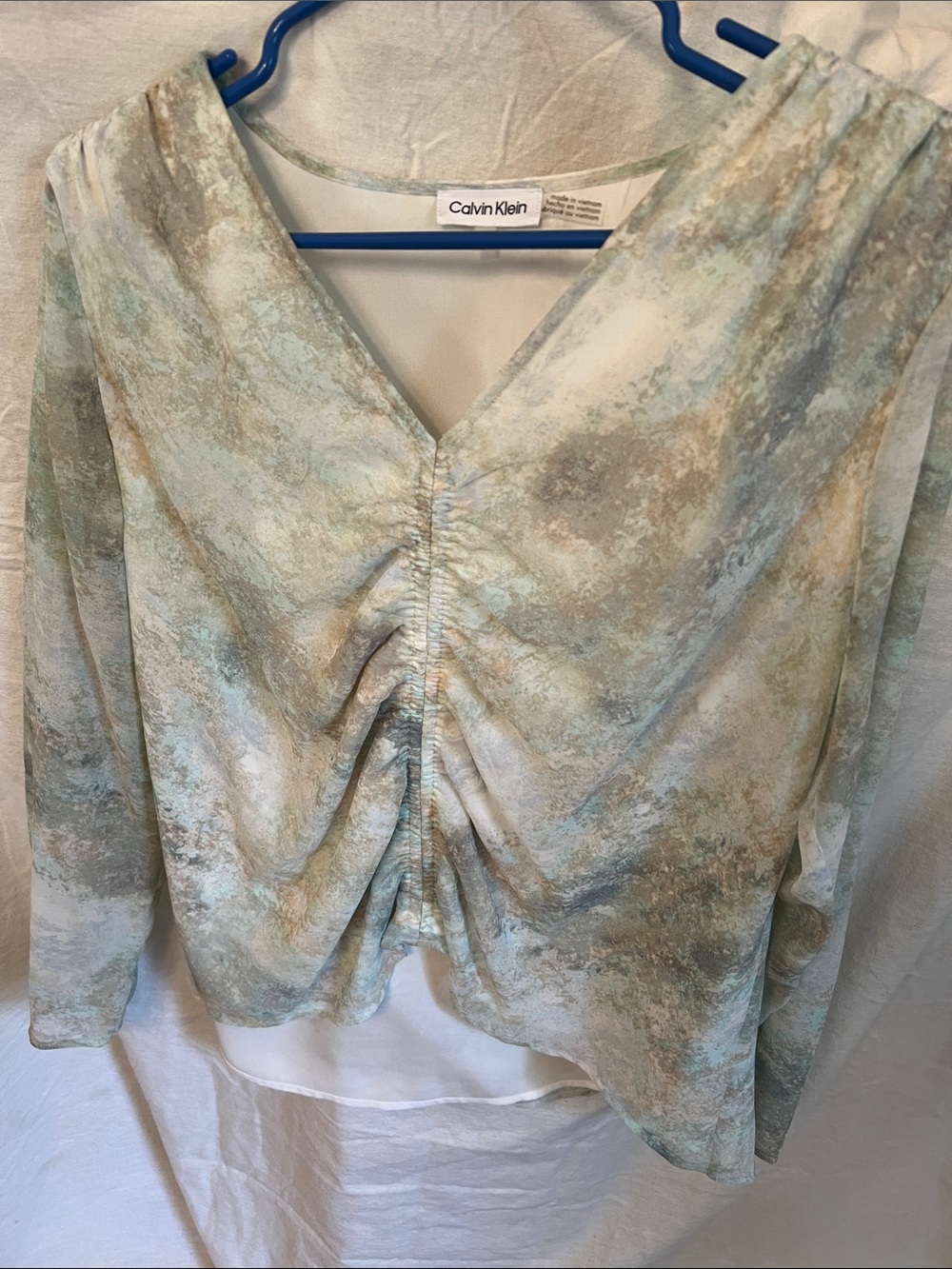 Calvin Klein Mint and Beige Ruched V-Neck Long Sleeve Top